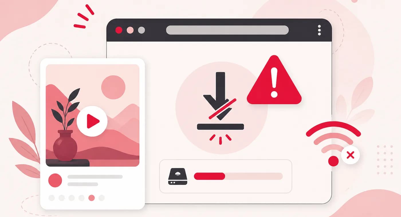 Pinterest Video Download Issues Pinterest video download issues shown as a failed download with warning, weak wifi and low storage